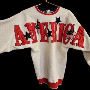 Vtg 90s Y2k America Crew Neck Sweatshirt Stripes Design Gray with Red